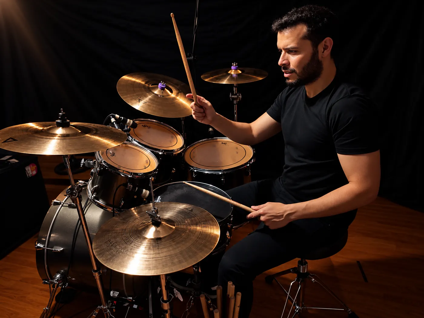 Jorge Medina tocando la batería en el estudio