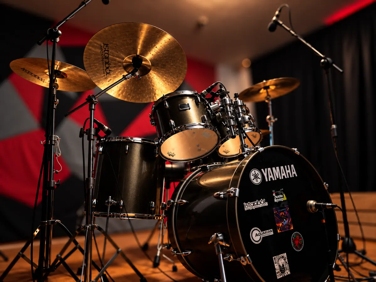 Batería acústica en el espacio de clases de SniderDrummer en Quito